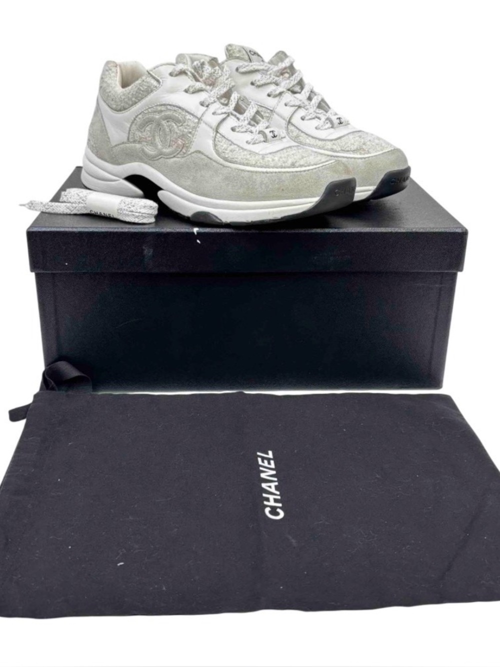 CHANEL White & Tweed CC Logo Trainer Sneakers Size 39